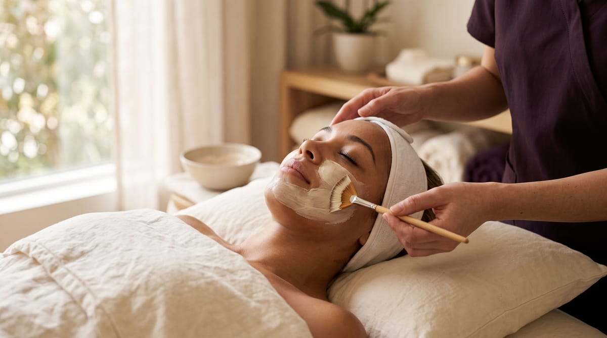 A facial in progress in warm natural light at QST Esthetics