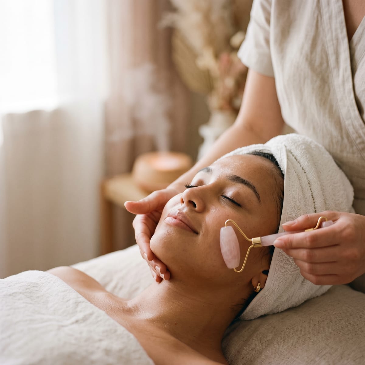 An esthetician using a rose quartz roller during a facial at QST Esthetics